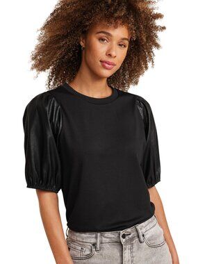 Maurices Top Small Mixed Media Crewneck Faux Leather Short Puff Sleeve Grunge